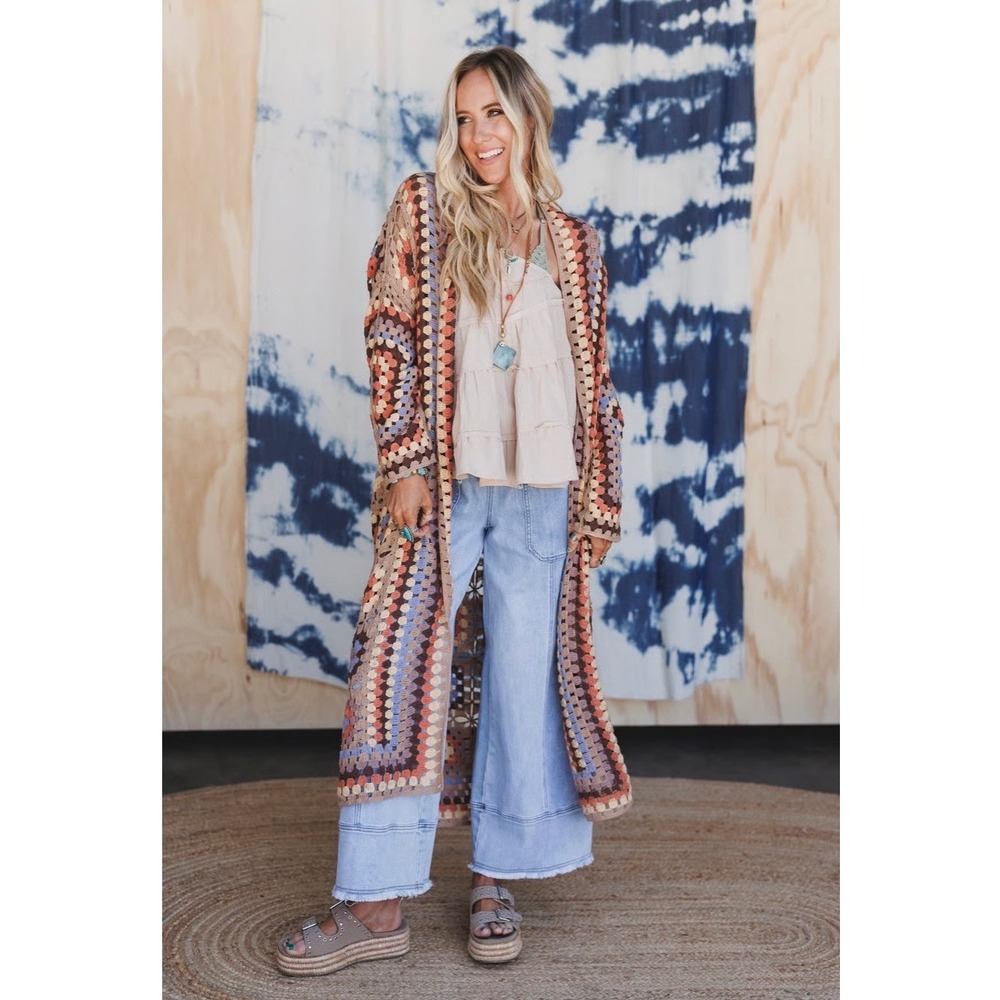 Three Bird Nest Crochet Granny Square Duster Cardigan L/XL Multi Boho New - Picture 11 of 11